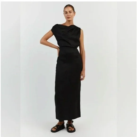 DISSH CASS BLACK LINEN ASYM MIDI DRESS - Picture 2 of 7